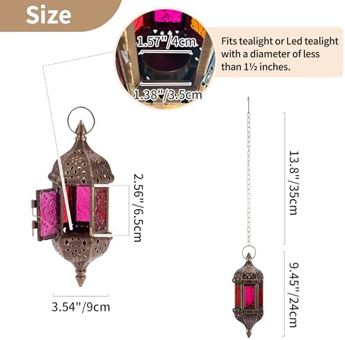 2 Pcs Hanging Hexagon Decorative Moroccan Candle Lantern Holders, Handmade Hanging Tea Light Holder in Bronze Metal & Red & Purple Glass Gift & Decor Items - Image 6