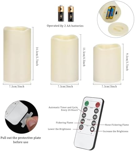 Flameless Candles 4" 5" 6" Outdoor Indoor Pillars Battery Operated Flickering Candles Include 10-Key Remote Timer 400+ Hours by 2 AA Batteries (Ivory Candle - Warm light, 3"D x 4"|5"|6" H - 12 Pack) - Image 4