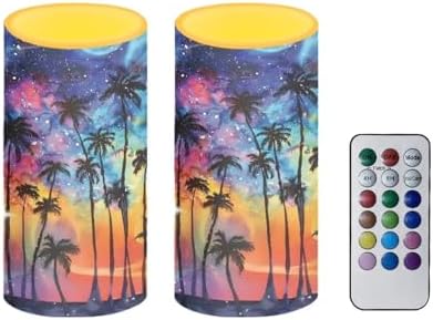 Galaxy Coconut Tree Flameless Candles Bulk Set of 2 Battery Operated Candles with Remote and Timer for Coastal Theme Home Decorations Flickering LED Elictric Pillar Tealights by Merkmak