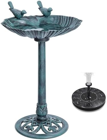 Water Fountain and Birdbath Solar Powered Polyresin Vintage Bronze/Green Outdoor Pond Fountain Combo Set Freestanding Bird Feeders for Garden Patio Deck or Yard by HI+SUYI