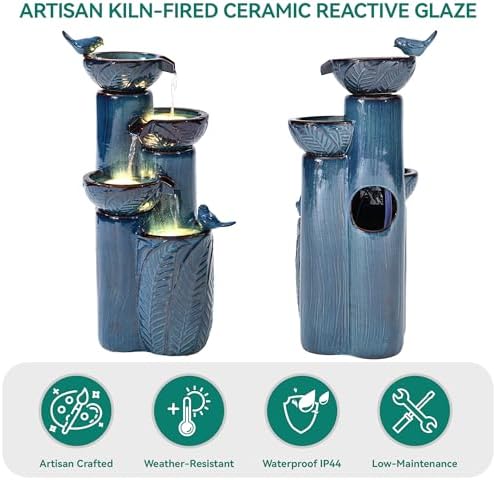 34" H Ceramic Outdoor Water Fountain with LED Lights, 4-Tier Bowl Water Feature with Birds, Teal Blue Glaze, Embossed Leaf Pattern, Cascading Waterfall for Tranquil Garden, Patio, or Porch - Image 6