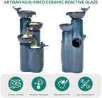 34" H Ceramic Outdoor Water Fountain with LED Lights, 4-Tier Bowl Water Feature with Birds, Teal Blue Glaze, Embossed Leaf Pattern, Cascading Waterfall for Tranquil Garden, Patio, or Porch - Image 6