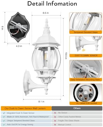 VIANIS White Dawn to Dusk Outdoor Light Fixture, 100% Aluminum Waterproof - Image 5