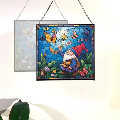 Gnome with Butterfly Friends Stained Glass Suncatcher – Square Hanging Window Panel for Home or Greenhouse – Whimsical Glass Art Gift for Garden Lovers, Christmas, Halloween, Father Days uDX7Wi - Image 4