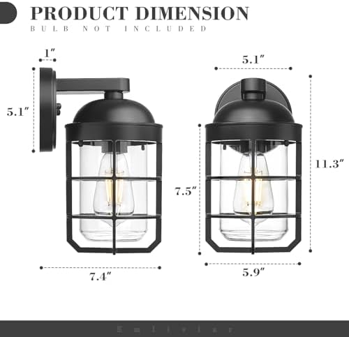 Emliviar 1-Light Outdoor Wall Sconce, Metal Cage Industrial Exterior Wall Light Fixture, Clear Tempered Glass with Black Finish, GE255BL BK - Image 6