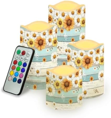 Wood Sunflower Daisy Flameless Candles with Remote Timer Flickering LED Pillar Candles Color Changing Set of 4 Outdoor Home Table Beach Wedding Decoration by Uorisanigo
