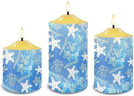 Cozeyat Flickering Flameless Candles with Timer Blue Ocean Starfish Design 4/6H Timers Tealights, Ivory Pillar Battery Operated Candles with Dancing LED Flame Set of 3 - Image 2