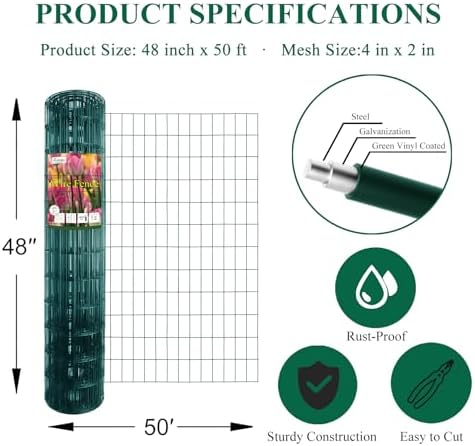 Green PVC Coated Welded Wire Fence 48" x 50' Roll, 2"x4" Mesh, 14 Gauge - Image 3