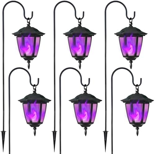 Dynaming 6 Pack Solar Halloween Flame Hanging Lights Outdoor, Flickering Flame LED Garden Lanterns with 4x38 Inch Shepherd Hooks, Landscape Lighting Waterproof for Lawn Yard Pathway Driveway, Purple by Dynaming