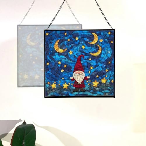 Starry Night Gnome Stained Glass Suncatcher – Square Hanging Window Panel for Home or Greenhouse – Whimsical Glass Art Gift for Garden Lovers, Christmas, Halloween, Father Days 81MU6h - Image 4