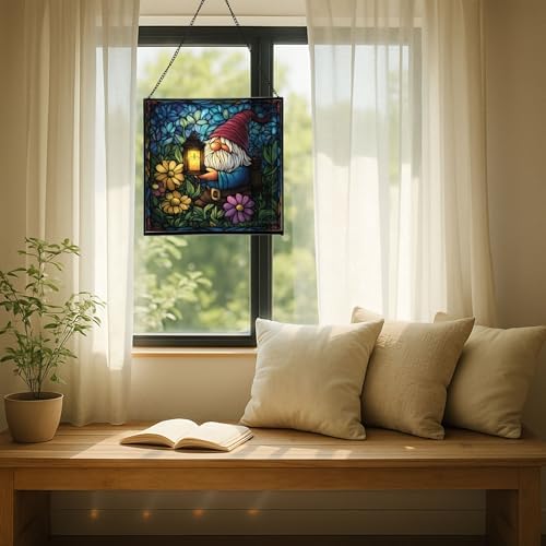 Candlelight Gnome Night Stained Glass Suncatcher – Square Hanging Window Panel for Home or Greenhouse – Whimsical Glass Art Gift for Garden Lovers, Christmas, Halloween, Father Days fqYaay - Image 7