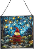 Gnome Stargazer Bench Stained Glass Suncatcher – Square Hanging Window Panel for Home or Greenhouse – Whimsical Glass Art Gift for Garden Lovers, Christmas, Halloween, Father Days lP3eNH by Custom