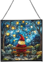 Gnome Stargazer Bench Stained Glass Suncatcher – Square Hanging Window Panel for Home or Greenhouse – Whimsical Glass Art Gift for Garden Lovers, Christmas, Halloween, Father Days lP3eNH by Custom