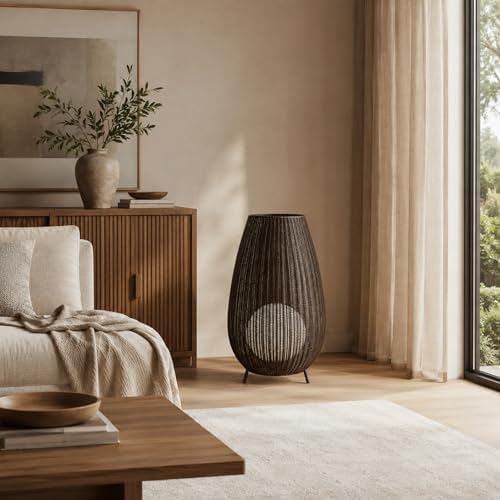 Outdoor Rattan Floor Lamp,Coffee Wicker Lampshade,for Patio and Garden - Image 4