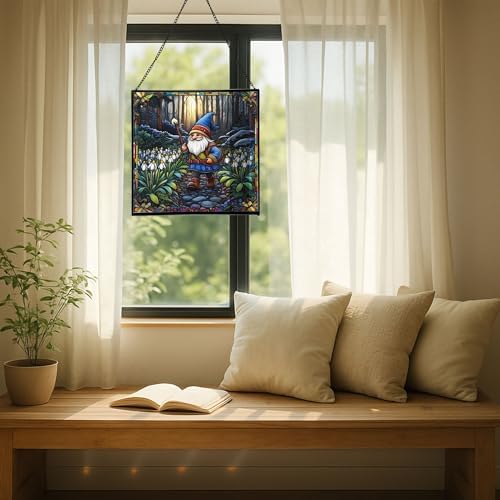 Snowdrop Gnome Walk Stained Glass Suncatcher – Square Hanging Window Panel for Home or Greenhouse – Whimsical Glass Art Gift for Garden Lovers, Christmas, Halloween, Father Days D9Mw7a - Image 7