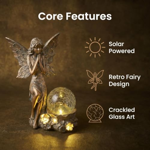 Garden Fairy Statue Outdoor Decoration, Outdoor Solar Light Fairy Garden Sculpture & Statue Patio, Lawn, Yard Accessories, Resin Copper Bronze Angel Figurines for Outside Decor, Gifts for Mom - Image 2
