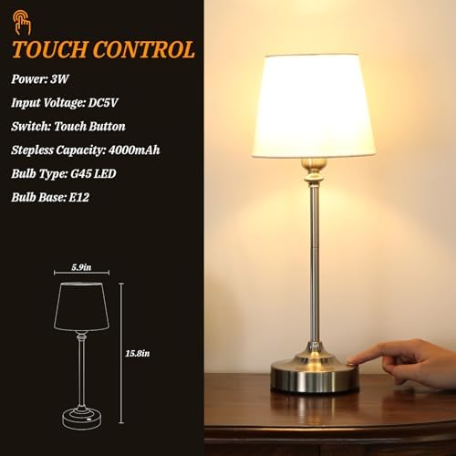 Kakanuo Cordless Table Lamps Rechargeable Set - 2 Pack Silver 4000mAH Battery Operated Lamps for Decor, 3000K Stepless Dimming Touch Wireless Lamp for Bedroom, Dining Table, Living Room, White Shade - Image 5