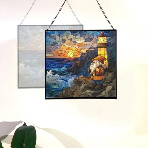 Gnome Lighthouse Keeper Stained Glass Suncatcher – Square Hanging Window Panel for Home or Greenhouse – Whimsical Glass Art Gift for Garden Lovers, Christmas, Halloween, Father Days 1JufKK - Image 4
