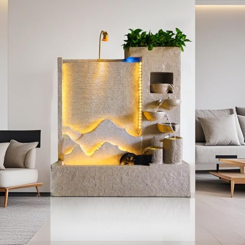 Modern Cement Water Fountain with LED Lights – 8.2ft Indoor Outdoor Garden Wall Feature, Durable Concrete Look (Left)(Right) - Image 2