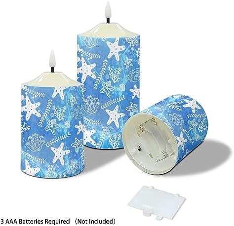 Cozeyat Flickering Flameless Candles with Timer Blue Ocean Starfish Design 4/6H Timers Tealights, Ivory Pillar Battery Operated Candles with Dancing LED Flame Set of 3 - Image 3