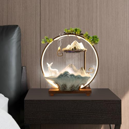 Tabletop Water Fountain Indoor Waterfall with LED Light Ring Backflow Incense Burner Mist Maker Zen Meditation Decor with Deer Statue for Home Office Desktop Relaxation Stress Relief - Image 4