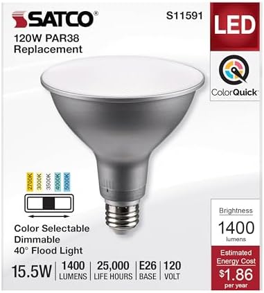Satco S11591; 15.5 Watt PAR38 LED; Medium Base; Silver Finish; CCT Selectable; 120 Volt; 40 Degree Beam Angle; 15.5PAR38/LED/5CCT/FL/120V for Office, Store, Residencial, Commercial 6 LED Bulbs - Image 3