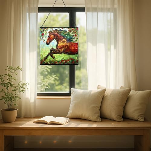 Brown Dutch Warmblood Horse Galloping Along Wild Hedgerow Square Suncatcher – Stained Glass Style Window Panel with Pastoral Scene, Custom Decorative Hanging Art for Equestrian Home, Christmas S5G14f - Image 7
