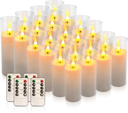 YOROXRG Set of 24 Flickering Flameless Candles Battery Operated with Remote and 2/4/6/8 H Timer Plexiglass Led Pillar Candles with Realistic Moving Wick Candles for Home Decor (D2.2"xH 5"6"7")(White) by YOROXRG