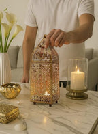 Serene Spaces Living Moroccan Lightweight Thin Gold Ornate Candle Lantern, Antique Gold Lantern, Decorative Candle Holders, Indian Wedding, Eid, Ramadan, 2.75" Diameter & 8.5" Tall, Pack of 6 - Image 3