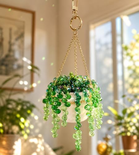 Green Beaded Plant Sun Catchers Crystal Beads Plants Hanging for Window - Image 4