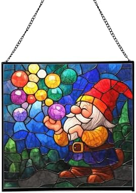 Bubble Blowing Gnome Stained Glass Suncatcher – Square Hanging Window Panel for Home or Greenhouse – Whimsical Glass Art Gift for Garden Lovers, Christmas, Halloween, Father Days VztFRs by Custom