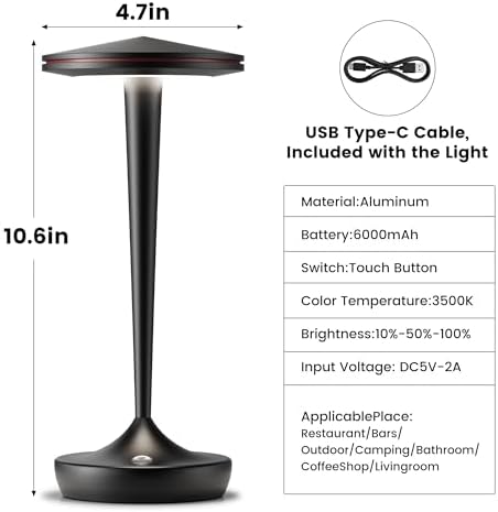 Rechargeable Table Lamp Cordless LED Touch Light Set of 2 Black - Image 2