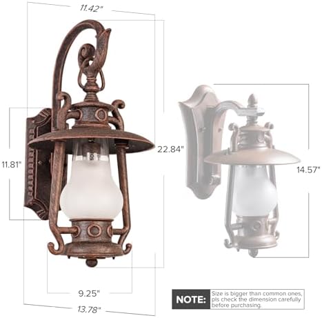 GZBtech Large Rustic Lantern Wall Sconce Outdoor, Vintage Rust Color Exterior Sconce Light, 110V Waterproof Kerosene Wall Mounted Lighting Fixture with Frosted Shade for Porch Garage Room, UL Listed - Image 2