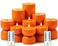 9 Pcs Ribbed Flameless LED Pillar Candles with Remote, Battery Operated Flickering Fake Candles for Wedding Fireplace Halloween Christmas Decor, Orange by Xavnero