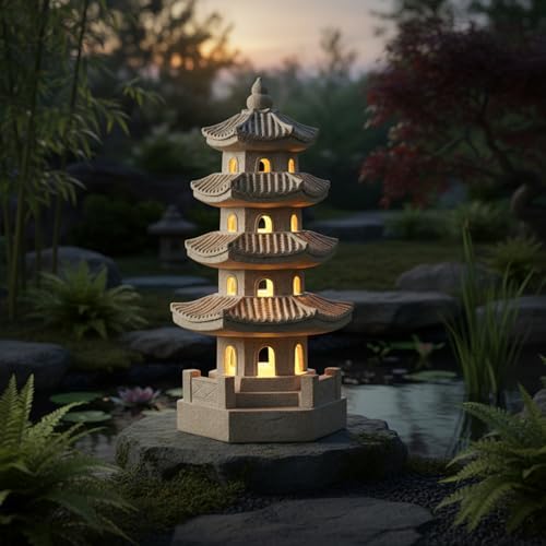 Pagoda Garden Statue Solar Powered Pagoda Lantern Resin Outdoor Zen Japanese Garden Decor for Balcony, Patio, Porch, Yard 11.4x4.7x4.7 inch Khaki - Image 3
