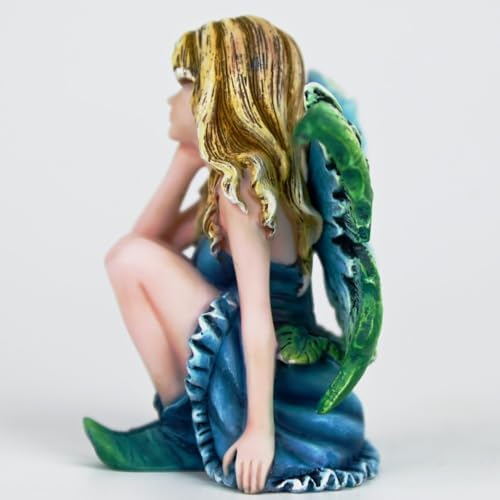 Fantasy Thoughtful Fairy Figurine, 3.15 Inch Blue-Green Gradient Elf Statue, Hand-Painted Resin Decor with Purple Hair Flower & Textured Wings for Desk, Fairy Garden, Plant Pot - Image 5