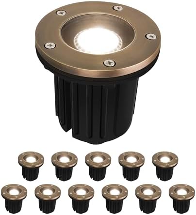GKOLED 12V LED Brass Well Lights, In Ground Light Outdoor with MR16 Bulb and Swival Base, Low Voltage Landscape Lighting, 5W 410LM 2700K, IP67 Waterproof Up Light for Garden, Open Top, 12 Pack by GKOLED
