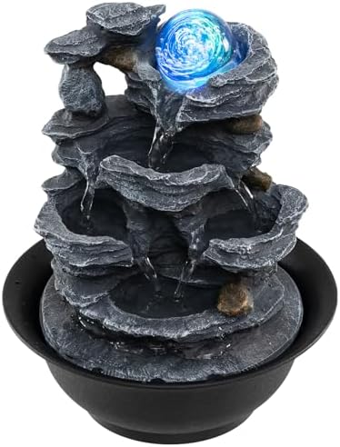 Giantex Tabletop Water Fountain with Rotating Crystal Ball & LED Lights, Tiered Rock Waterfall with Pump, Zen Meditation Desktop Decor for Office, Home Relaxation (Layered Bowl Cascade) by Giantex