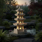 11.4" Khaki Solar Pagoda Garden Statue, Patio Zen Garden Decor - Image 3
