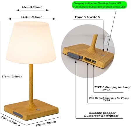 Cordless Table lamp, Outdoor Battery Operated Rechargeable Desk lamp,Waterproof Shower Lamp,4000mAh LED 3 Colors Dimmable Touch Lamps for Camping Patio Courtyard Bedroom-Wood - Image 4
