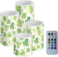Pack of 4 St Patrick's Day Flameless Candles Bulk with Remote Watercolor Shamrocks Battery Operated Candles with Timer Flickering LED Elictric Pillar Lights for Holiday Decorations by Merkmak