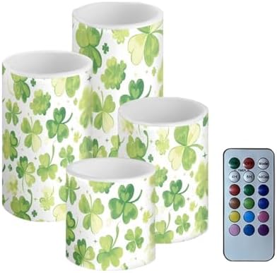 Pack of 4 St Patrick's Day Flameless Candles Bulk with Remote Watercolor Shamrocks Battery Operated Candles with Timer Flickering LED Elictric Pillar Lights for Holiday Decorations by Merkmak