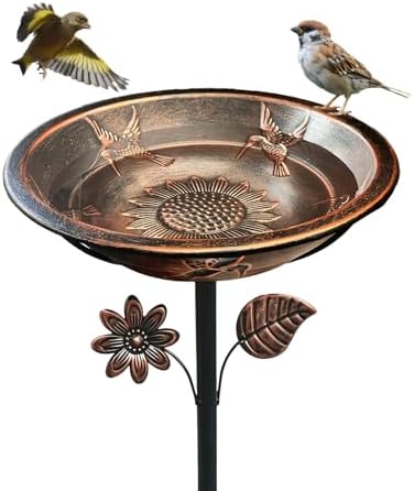 Metal Bird Bath for Outside Hummingbird Embossed Bowl with Stake by OUISJYER