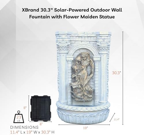 XBrand 30.3" Solar Outdoor Wall Water Fountain with Gold Flower Maiden Statue, Cascading Antique Stone Design, Garden & Patio Waterfall Feature, Polyresin Construction, Cream White - Image 6