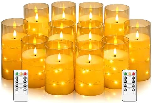 kakoya Flameless LED Candles with Timer 12 Pc Flickering Flameless Candles for Romantic Ambiance and Home Decoration Stable Acrylic Shell,with Embedded Star String，Battery Operated Candles(Gold) by FLAMELESSCANDLES