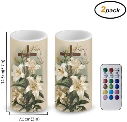 Easter Day Flameless Candles Battery Operated Candles with Timer Remote, 2 Pack Cross Lily Flower Print LED Pillar Lights for Home Party Decor Battery Tea Lights - Image 2