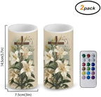 Easter Day Flameless Candles Battery Operated Candles with Timer Remote, 2 Pack Cross Lily Flower Print LED Pillar Lights for Home Party Decor Battery Tea Lights - Image 2
