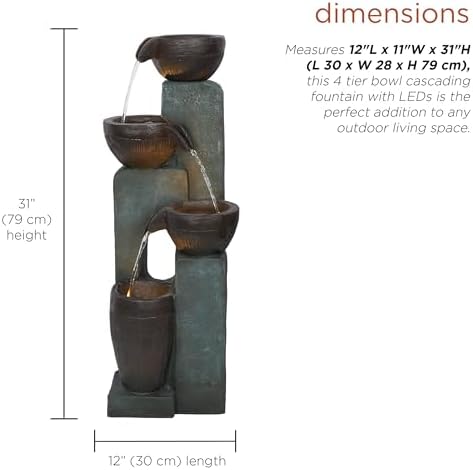 Alpine Corporation TZL396 31" 4 Tier Bowls Cascading Fountain with LED Lights, Elegant Outdoor Water Feature for Garden, Patio, Yard & Outdoor Spaces, Relaxing Waterfall Fountain, Gray - Image 3