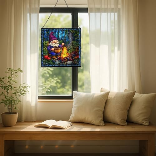 Berry Jam Gnome Stained Glass Suncatcher – Square Hanging Window Panel for Home or Greenhouse – Whimsical Glass Art Gift for Garden Lovers, Christmas, Halloween, Father Days uCi2nS - Image 7