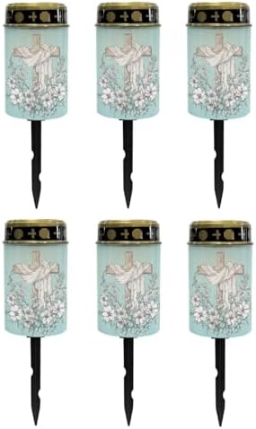Poceacles Cross Solar Lights for Cemetery Gravesite LED Flameless Pillar Candles Solar Powered Grave Candles Waterproof Outdoor Garden Lights Grave Markers, Flower Cross Light Blue, Pack of 6 by Poceacles